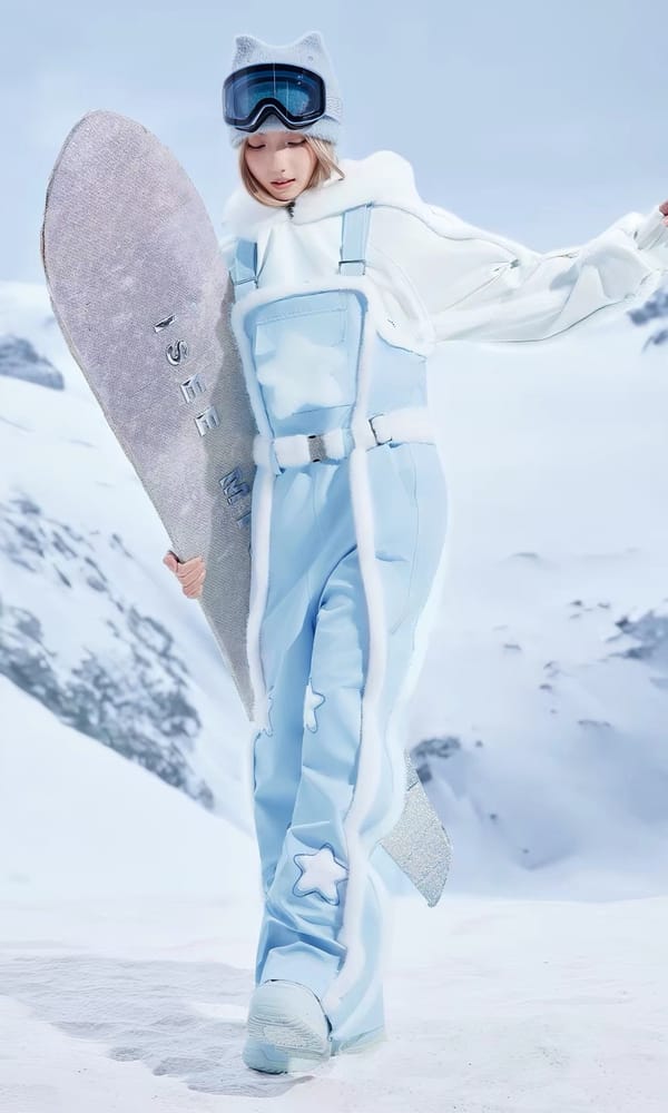 浅蓝星星毛边背带雪裤